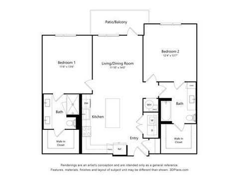 Floor plan for 2 beds, 2 baths, 1151 sqft